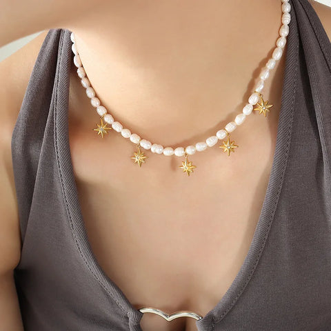 Stainless Steel Star Pearl Choker Necklace